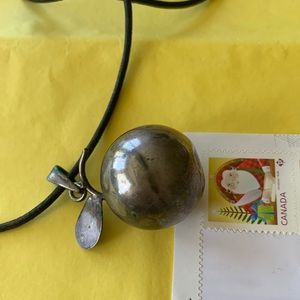 Silver Apple Pendant and Black Rawhide String